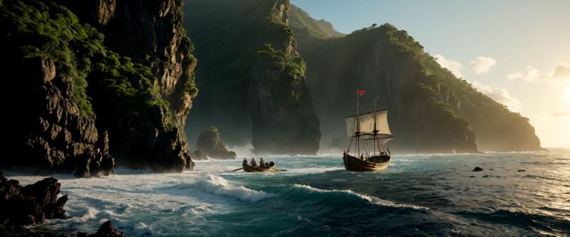 20659-3800138908-movie still photography of Spanish explorers( approaching the beach in a rowing boat_1.5), looking at an ultra realistic strande.jpg